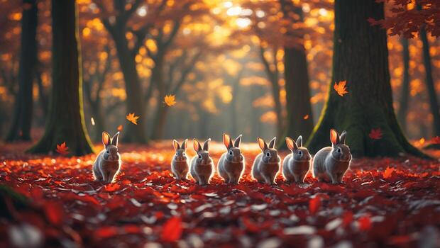 Rabbits Walking in Autumn Forest with Falling Leaves in Warm Light photo