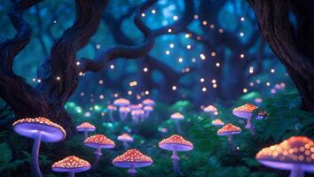 Glowing Mushrooms in Enchanted Forest with Fireflies and Dark Trees photo
