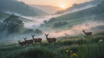Deer Grazing in a Foggy Meadow at Sunrise in the Hills photo
