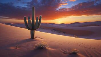 Desert Cactus Silhouette at Sunset with Orange Sky and Sand Dunes photo