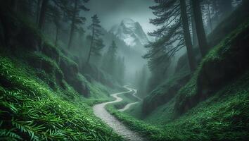 Winding Trail Through Forest Leading to Majestic Mountain in Fog photo