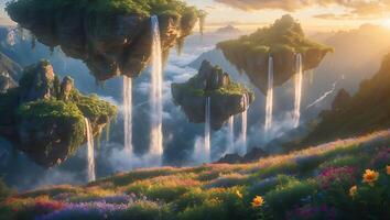 Floating Islands with Waterfalls Flowing Amidst a Flower Meadow Landscape photo