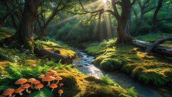 Sunlight Streaming Through Forest with Creek, Mushrooms, and Moss photo