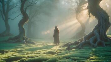 Woman Walking Through a Foggy Forest with Sunlight Shining Through photo