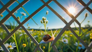 Snail Climbing on Flower Through Fence with Sunny Meadow Backdrop photo