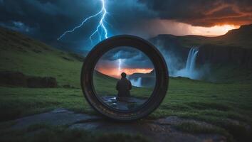 Person Sitting Watching a Waterfall and Lightning Through Circular Frame photo