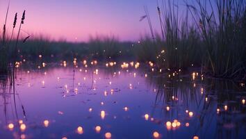 Calm Water Reflecting Warm Lights Under Twilight Sky at Dusk photo