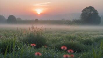Foggy Sunrise Over a Meadow with Flowers and a Web photo