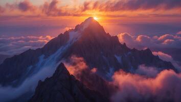 Majestic Mountain Peak Rising Above Clouds at Glowing Sunrise Landscape photo