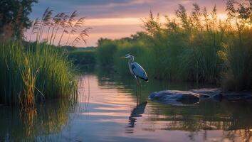 Heron Standing in Shallow Water at Sunset with Tall Grasses photo
