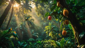 Exploring Lush Tropical Jungle with Sunlight, Birds, and Exotic Fruits photo