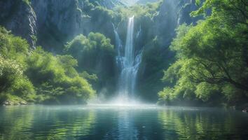 Serene Waterfall Flowing Into Calm Lake Surrounded by Lush Greenery photo