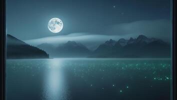Moonlit Lake Landscape with Mountains and Sparkling Water View photo