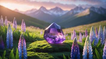 Purple Crystal Gemstone on Mossy Hill in Mountain Landscape with Flowers photo