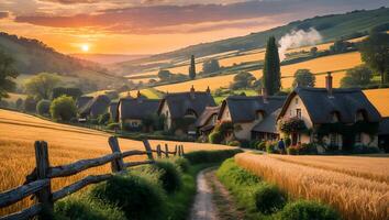 English Countryside Village Scene at Golden Hour with Wheat Fields photo