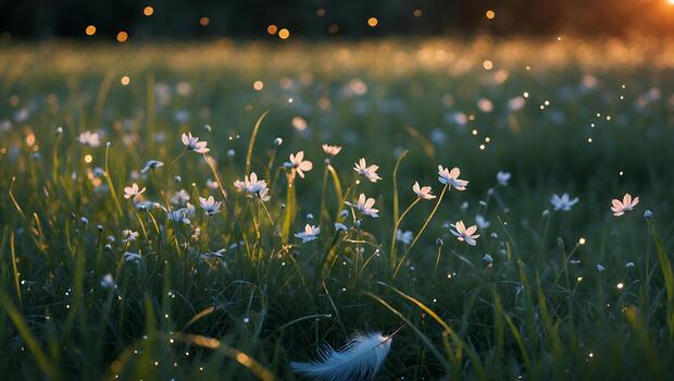 Wildflower Meadow at Sunset with Glowing Light and Feather photo