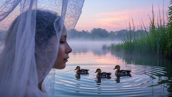 Woman Near Lake Gazing at Ducks Amidst Misty Sunrise photo