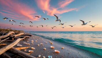 Seagulls Soaring Above Sandy Beach with Seashells at Sunset photo