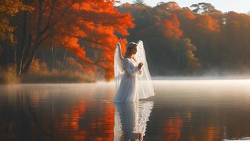 Angel Standing in Misty Water During Autumn with Vibrant Foliage photo