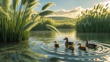 Duck Family Swimming in Pond with Tall Grasses at Sunset photo