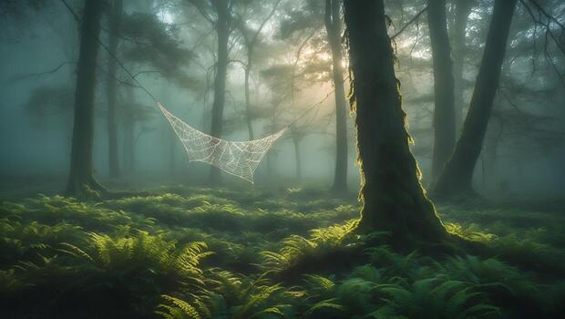 Spider Web Hanging in a Misty Forest with Green Ferns photo