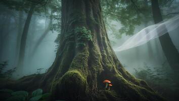 Mossy Tree in Misty Forest with Fungi and Ethereal Veil photo