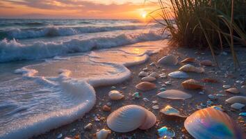 Seashells on Beach at Sunset with Waves and Orange Sky photo