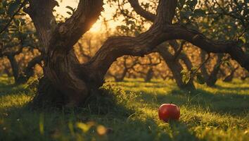 Red Apple on Grass in Orchard at Sunset with Golden Light photo