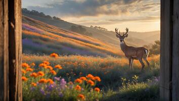 Deer Standing in Meadow of Wildflowers at Sunset on Rolling Hills photo