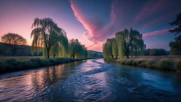 River Flowing Through Landscape with Willow Trees During Colorful Twilight photo
