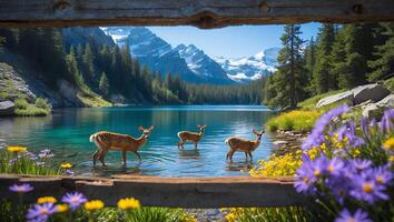 Deer Wading in Lake with Mountain Backdrop Through Wooden Frame photo