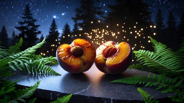 Halved Peaches on Stone Slab with Ferns and Night Forest Backdrop photo