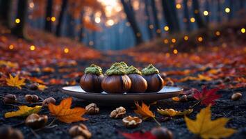 Serving Chestnut Desserts in Autumn Forest Setting with Fall Leaves photo