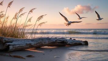 Seagulls Flying Over the Ocean Waves at Sunset on a Beach photo