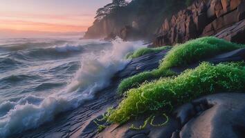 Crashing Waves on Rocky Coastline with Green Vegetation at Sunset photo