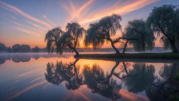 Willow Trees Reflecting Sunset Sky on Calm Lake Water Surface photo