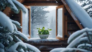 Plant in a Window with Snow in a Winter Cabin Scene photo
