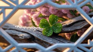 Luck Clover with Dew Drops on Wood and Pink Flowers photo