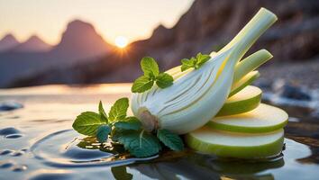 Fennel and Apple Slices with Mint Garnish at Sunset photo