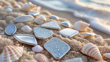 Wet Shapes and Seashells on Sandy Beach Near the Ocean Water photo