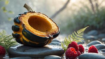Cut Acorn Squash and Raspberries in Natural Stream Setting on Pebbles photo