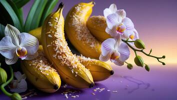 Bananas Covered in Coconut with White Orchid Flowers on Purple Surface photo