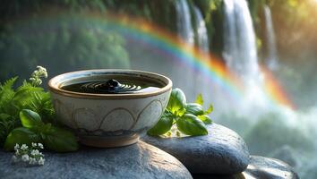 Ceramic Bowl with Liquid Near Waterfall and Rainbow in Nature photo