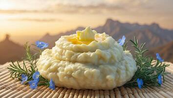 Creamy Mashed Potatoes with Butter and Rosemary Against Mountain Backdrop photo