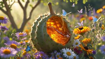 Honey Inside Cactus Surrounded by Flowers and Butterflies in Sunlight photo