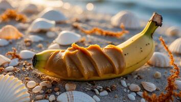 Banana with Peanut Butter on Beach Surrounded by Seashells in Sunlight photo