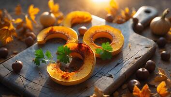 Roasted Squash Slices with Parsley on Wooden Board in Autumn Setting photo