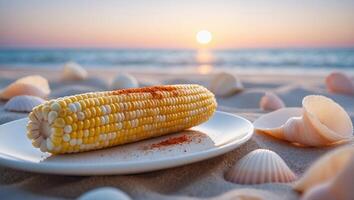 Corn on the Cob at Sunset Beach with Shells and Plate photo