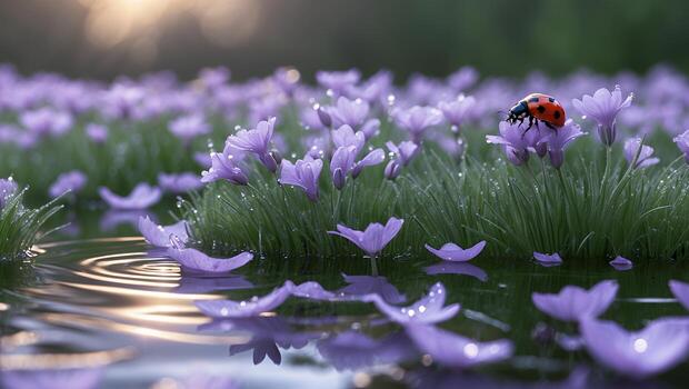 Ladybug Resting on Flower in a Calm and Reflective Water Garden photo
