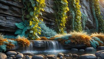 Waterfall Flowing Into Pond with Rock Wall and Lush Vegetation photo